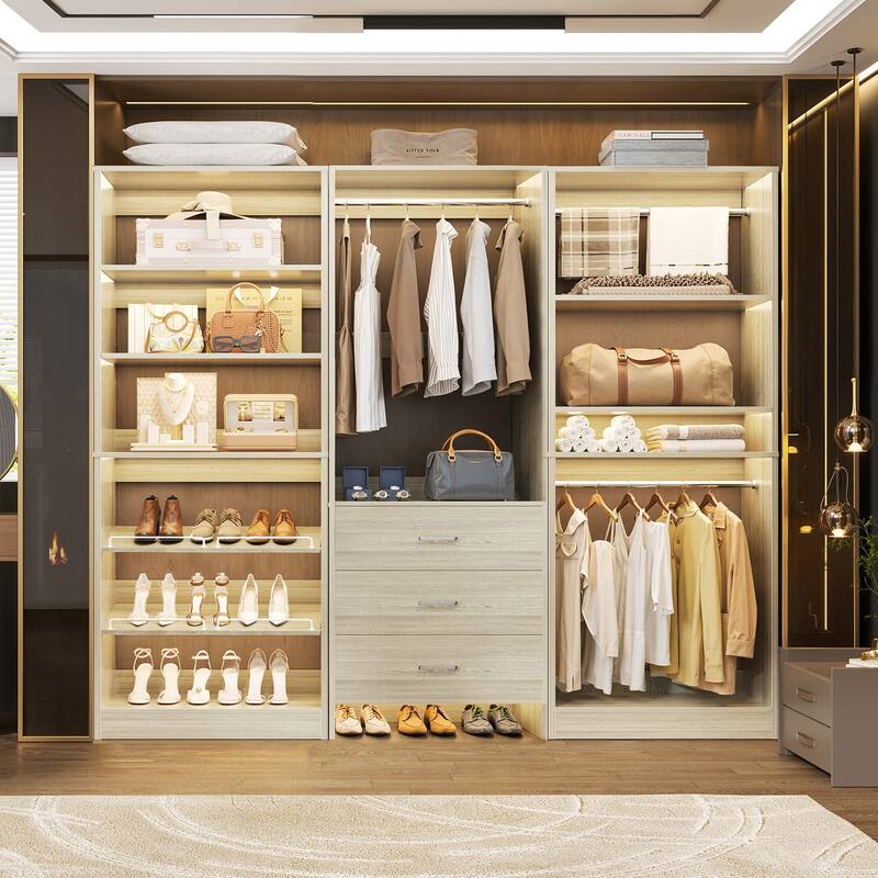 Set of 3 Closet Organizer with Drawers and Shoe Rack, Freestanding Closet System for Bedroom or Walk-in Closet - Washed Oak