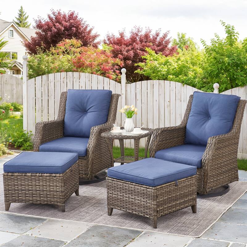 Pocassy Patio Swivel Glider Wicker Chairs with Ottoman and Table - Blue Cushion - Grey Wicker - 5-Piece Swivel Chair Table with Ottoman