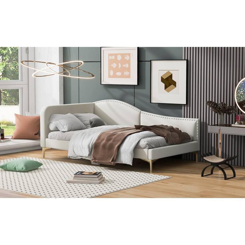 Chic Beige Twin Upholstered Daybed with Headboard & Armrest - Relax!