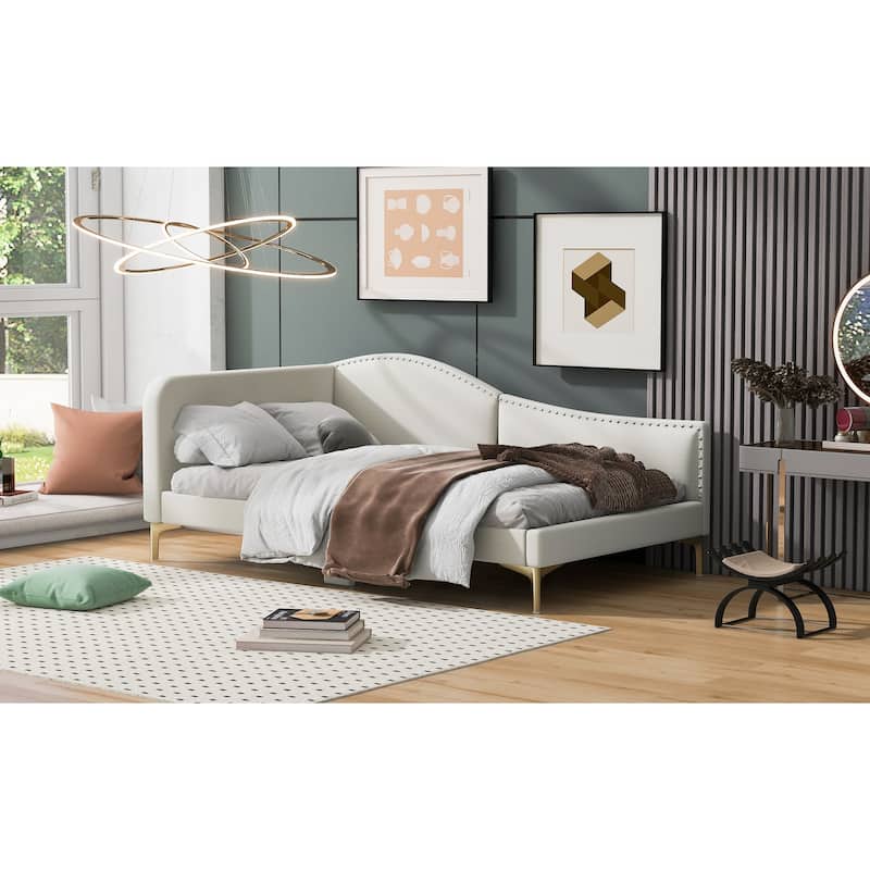 Linen Upholstered Daybed Frame with Metal Support Legs, Wave-Shaped Armrest and Nailhead Trim Backrest, Twin Size Platform Bed