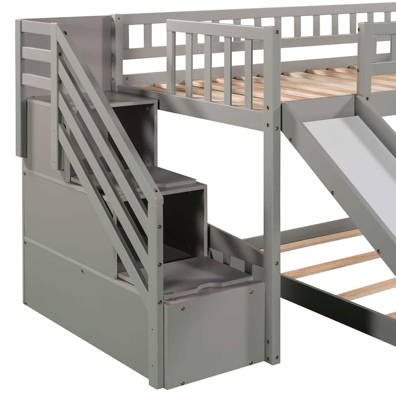 Stairway Twin Size Bunk Bed with Slide and Ladder, Solid Pinewood Twin over Twin Floor Bunk Bed Frame with Storage Staircase