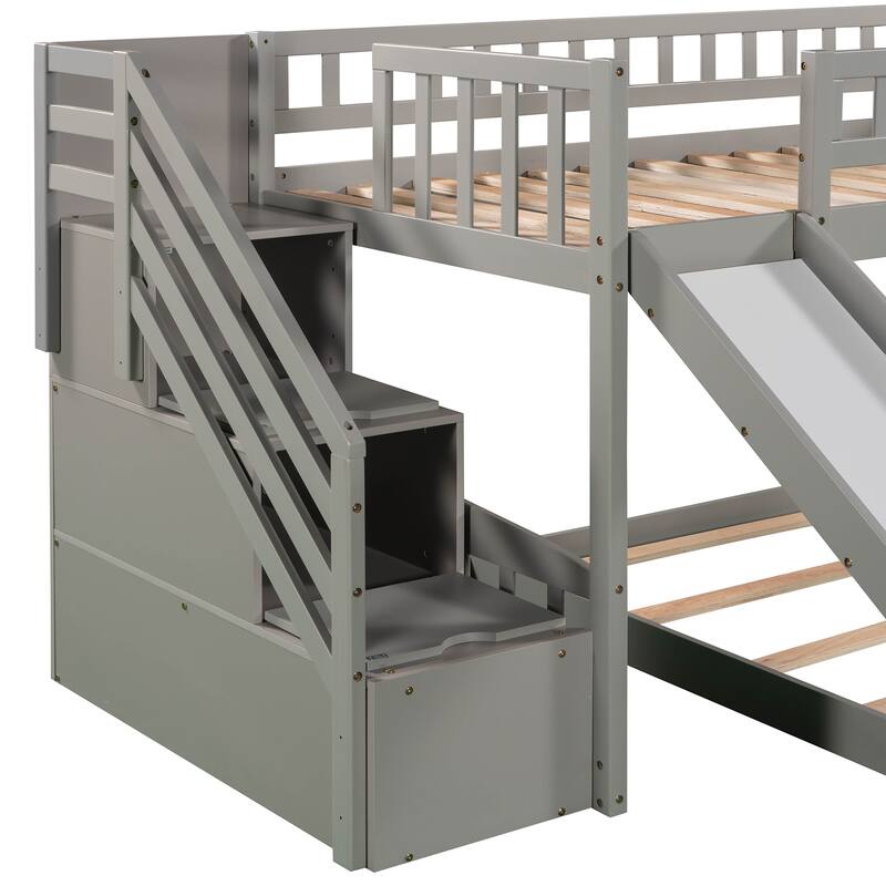 Twin Over Twin Low Bunk Bed with Slide and Stairs Storage, Wooden L-Shaped Bunkbed Frame for Kids/Teens/Adults Bedroom Dorm
