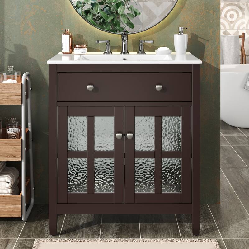 30" Storage Cabinet with Glass Doors, Bathroom Vanity with Ceramic Sink, Adjustable Shelf, Tip-Out Tray and Silver Metal Knobs - Drak Brown