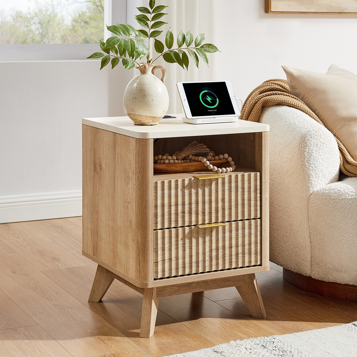 Modern Fluted Nightstand with Faux Marble Top, Side Table, End Table
