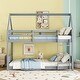 preview thumbnail 1 of 10, Light Gray Twin Over Twin House Bunk Bed with Ladder & Headboards, Rubber Wood Floor Bed Frame with Safety Guardrails for Kids Light Gray - Twin