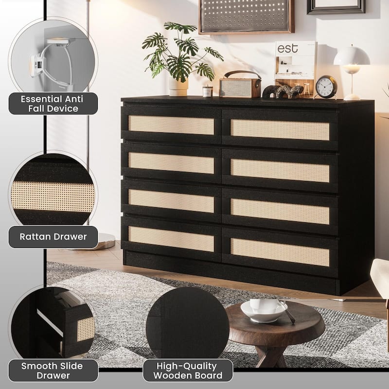 Rattan Dresser for Bedroom, Closet, Wooden Dresser with 8 Drawers, Modern Chest of Drawers with Large Storage
