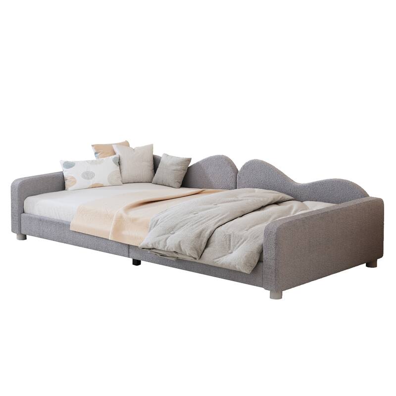 Twin Size Sherpa Fabric Upholstered Daybed with Cloud-Shaped Backrest for Bedroom