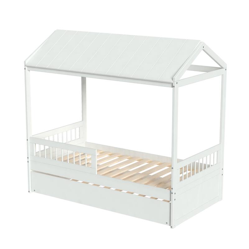 Polifurniture Nyce Twin Size Bed with Roof, Guard Rail, Trundle and Storage Drawer