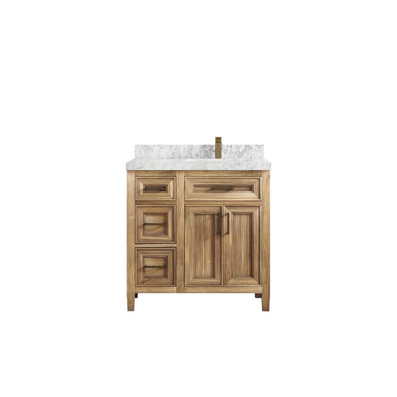 Willow Collections 36 in. W x 22 in. D Santa Monica Teak Right Offset Sink Bathroom Vanity with Countertop - 2" Carrara Marble - Whitewashed Teak