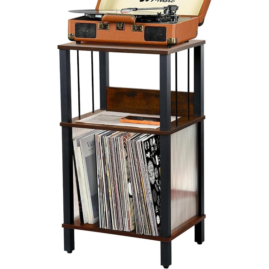 3-Tier Vinyl Record Player Stand with Storage Shelf, Mid-Century Design for Living Room or Office