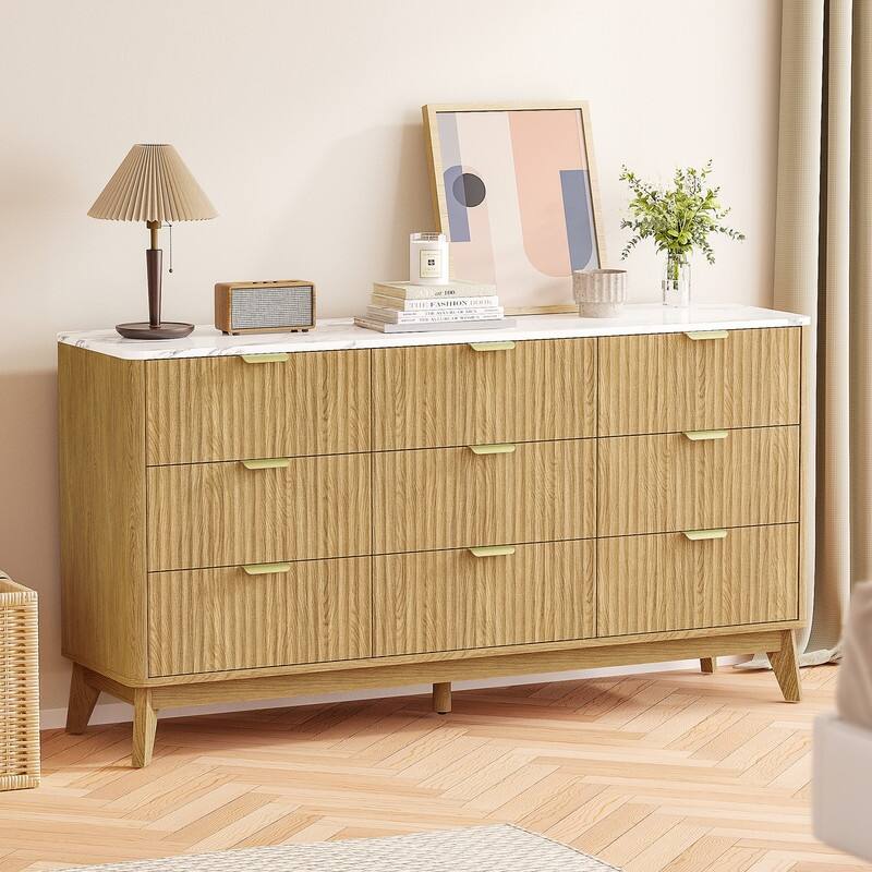 57" Wooden Buffet Cabinet With Faux Marble Top & Fluted Chest Of Drawers With Curved Edges - Natural