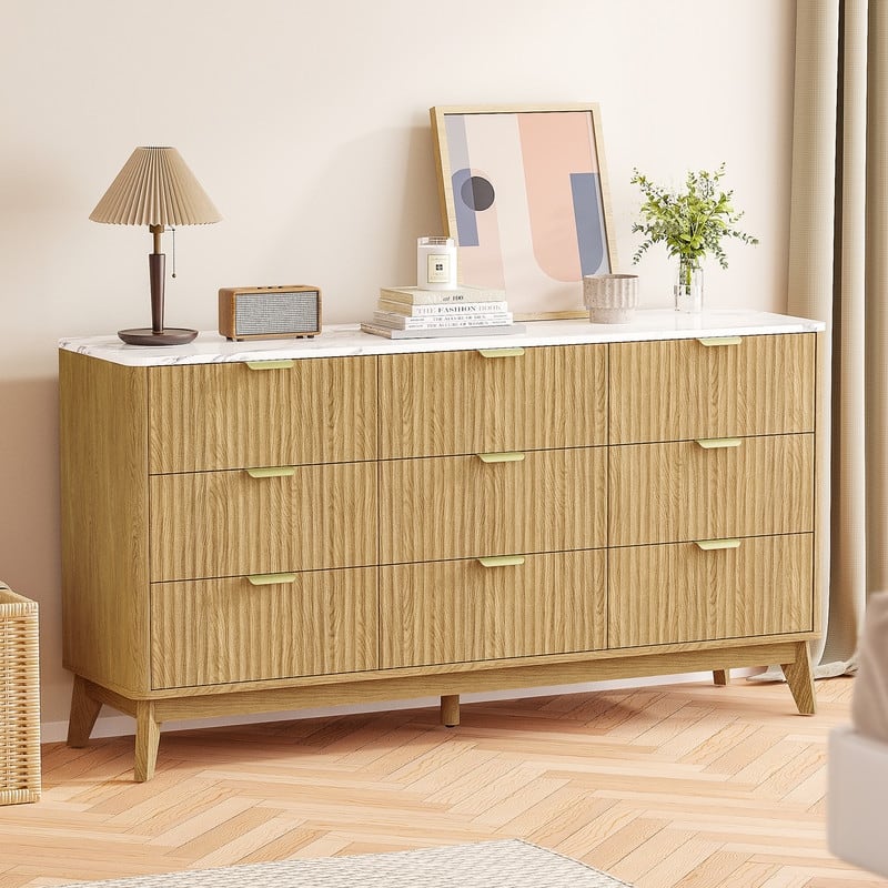 57" Wooden Buffet Cabinet With Faux Marble Top & Fluted Chest Of Drawers With Curved Edges