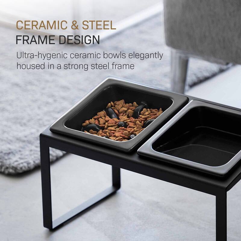 Yamazaki Home Slow Feeder Pet Bowl, Steel and Ceramic, 0.75 cups, 180 ml - L 6.1 x W 11.42 x H 6.93 inches