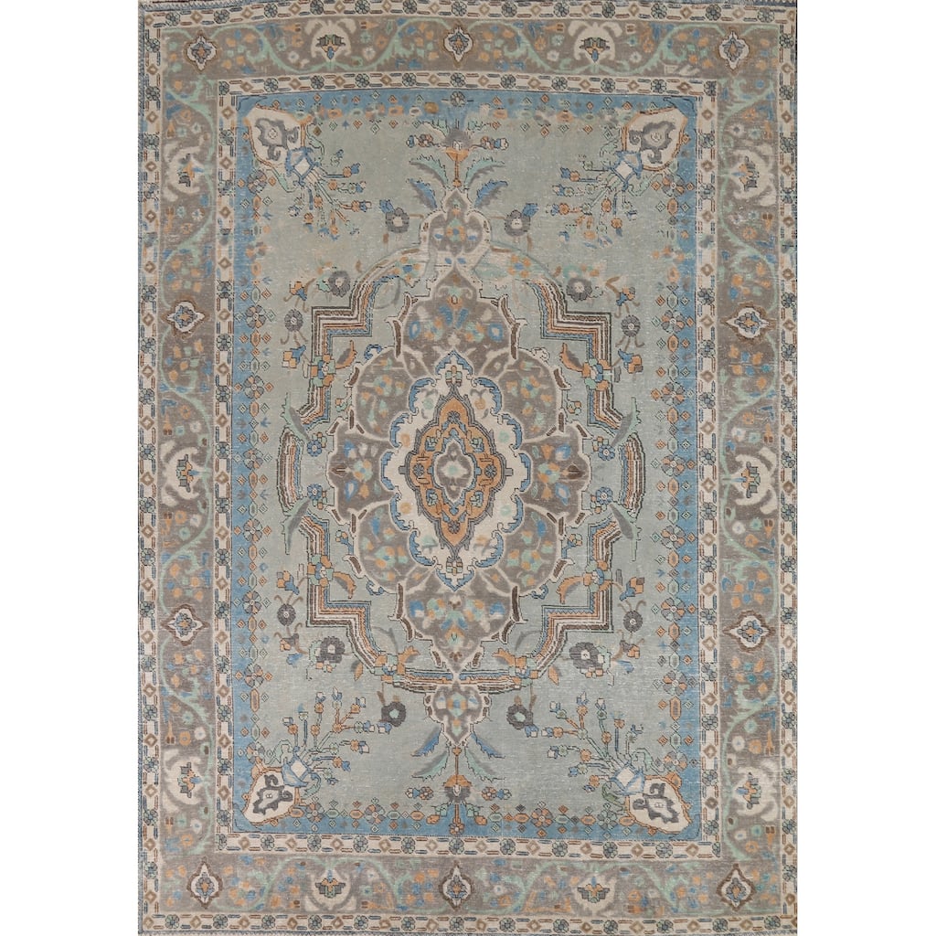 Geometric Tabriz Persian Area Rug Hand-Knotted Blue Wool Carpet - 8'2"x 11'4"