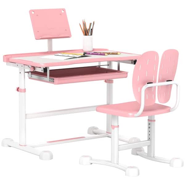 slide 2 of 10, Kids Desk and Chair Set, Height Adjustable Kids School Study Desk and Chair Set with Tilt Desktop - Pink Pink