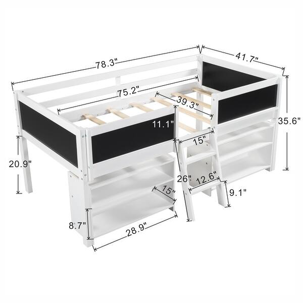 Twin Size Low Loft Bed w/2 Shelves & Decorative Guardrail Chalkboard