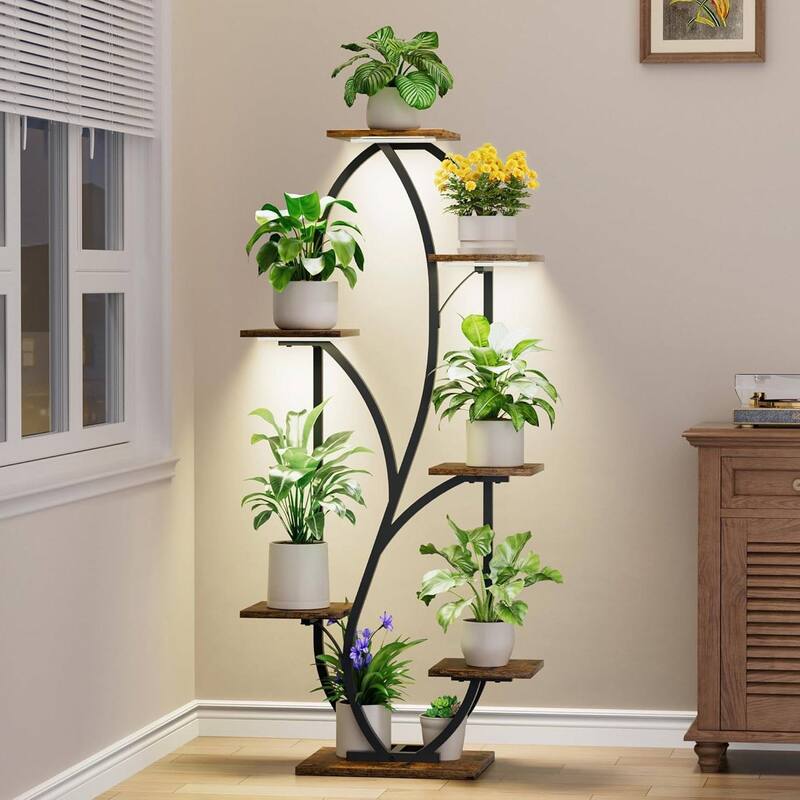 Brown-Black Wood 7-Tier Indoor Plant Stand Shelf with Grow Lights - 24.8" L x 11.8" W x 54.3" H