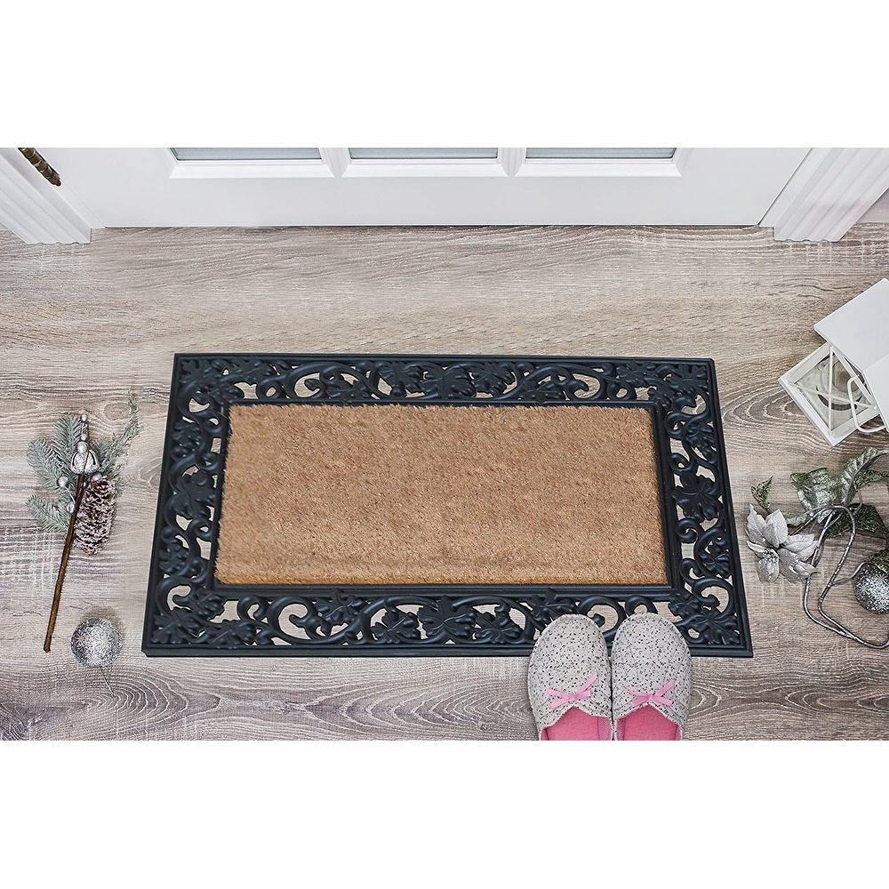 A1 Home Collections A1hc Floral Pattern Black 18 in. x 30 in. Rubber and Coir Outdoor Entrance Durable Monogrammed U Door Mat