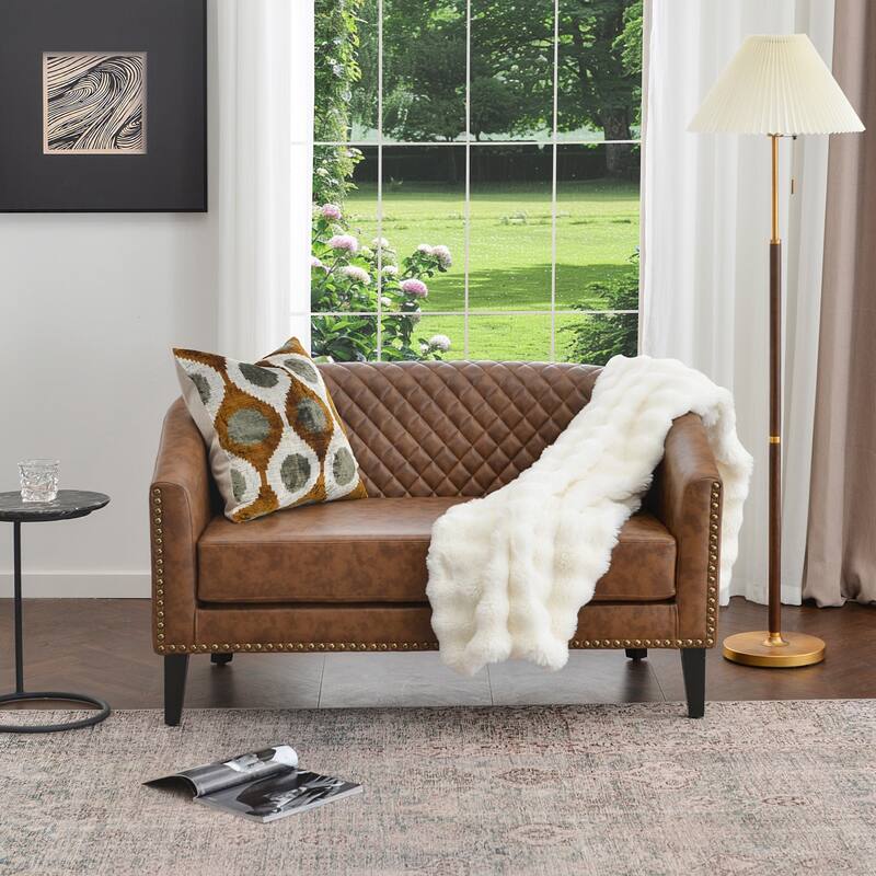 KINWELL 50"W Tufted Faux Leather Upholstered Small Loveseat Sofa