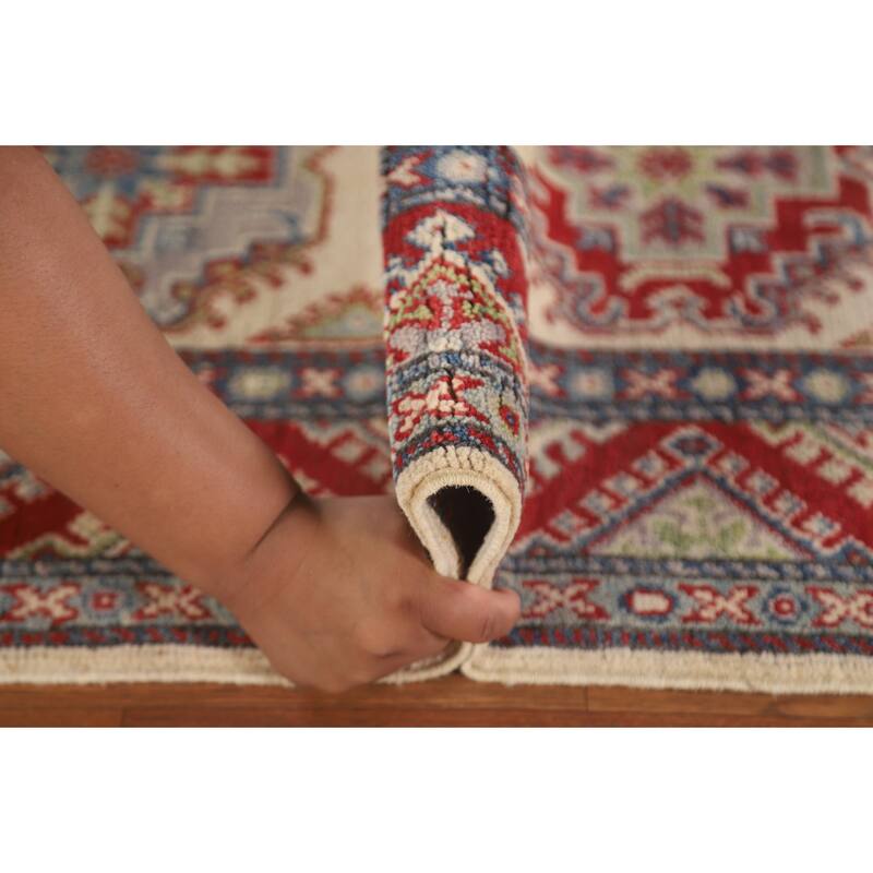 Geometric Kazak Runner Rug Handmade Beige Wool Carpet - 2'7" x 15'6"