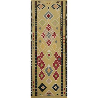 Hand Woven Oriental 100% Wool Carpet Southwestern Modern Yellow & Gold Kilim Runner Rug - 9' 10'' X 3' 0''