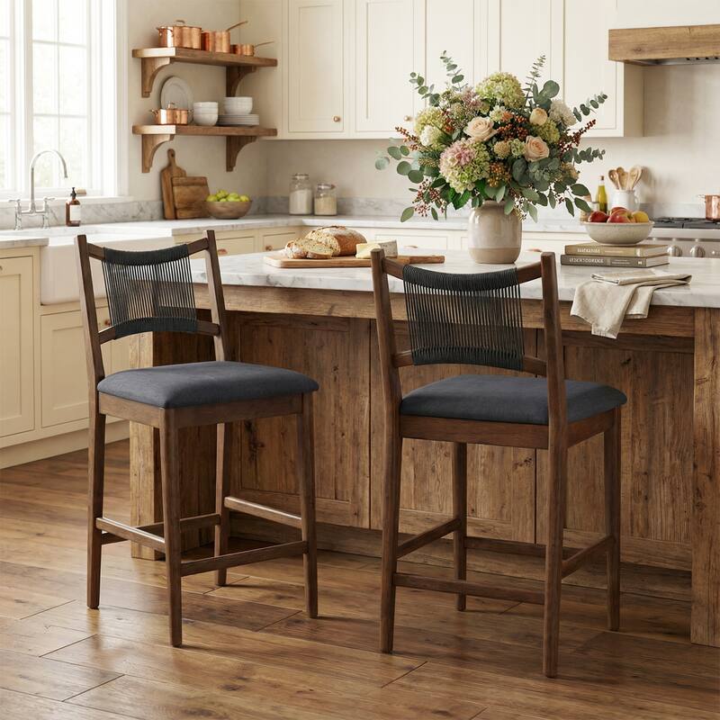 Christopher Knight Home - Arno Mid-Century Modern Upholstered Counter Stool with Woven Rope Back & Solid Wood Legs
