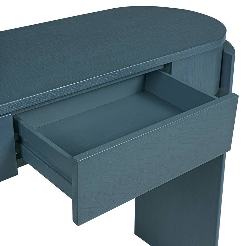 TREXM Entryway Table with Natural Wood Grain Finish, Console Table with Fluted Design, Oval Top and 2 Drawers
