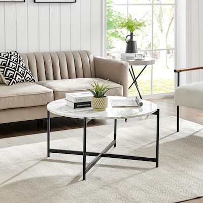 Round Contemporary Marble Finish Veneer Top Black Metal Large Coffee Table