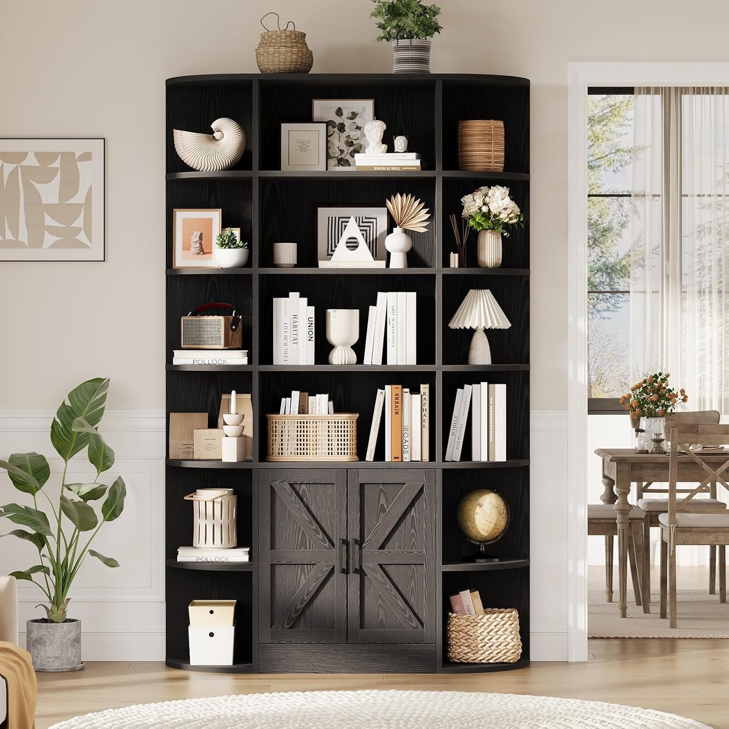 75in Tall Bookcase, 6 Tier Book Shelf 47" Wide Farmhouse Display Bookshelf Storage Cabinet with Doors and Open Shelves
