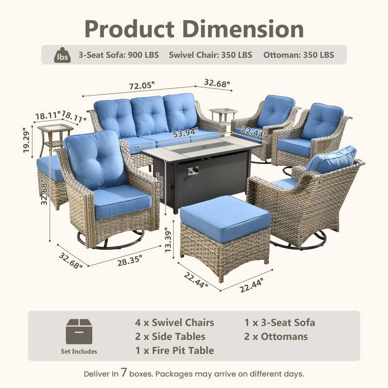 HOOOWOOO 10-piece Wicker Outdoor Patio High Back Swivel Chair Set with Fire Pit