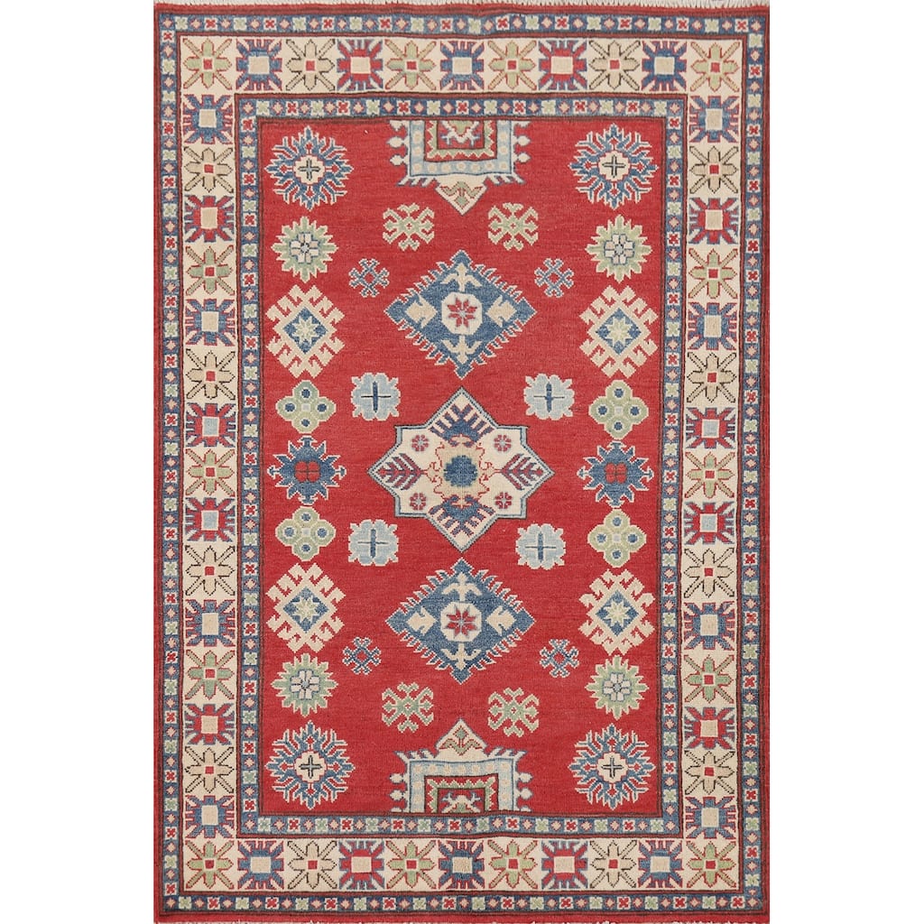 Red Geometric Kazak Oriental Accent Rug Hand-Knotted Wool Carpet - 3'11" x 6'3"