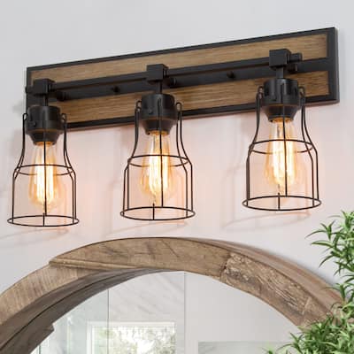 Ino Farmhouse 3-Light Wood Grain Bathroom Vanity Lights Wall Sconces - 21"L x 11.5"H x 6" D