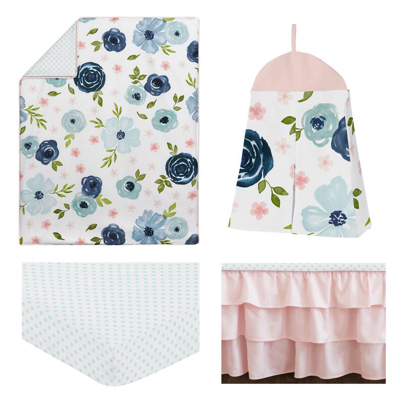 Sweet Jojo Designs Navy Blue and Pink Watercolor Floral Girl 4pc Nursery Crib Bedding Set - Blush Green White Shabby Chic Flower