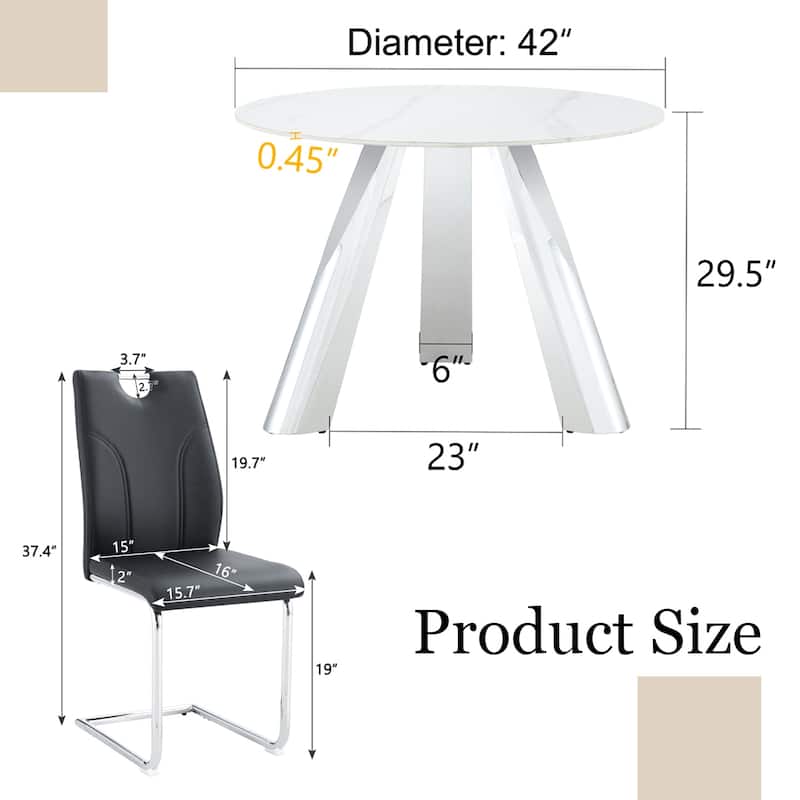42" Sintered Stone Dining Set Brushed Silver Steel Base 4 PU Upholstered Chairs Modern Luxury Round Table Collection