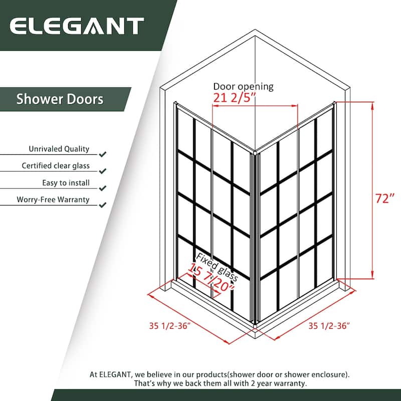 Elegant Black Check Corner Entry Enclosure in Sliding Shower Doors 36 in. W x 36 in. D x 72 in. H