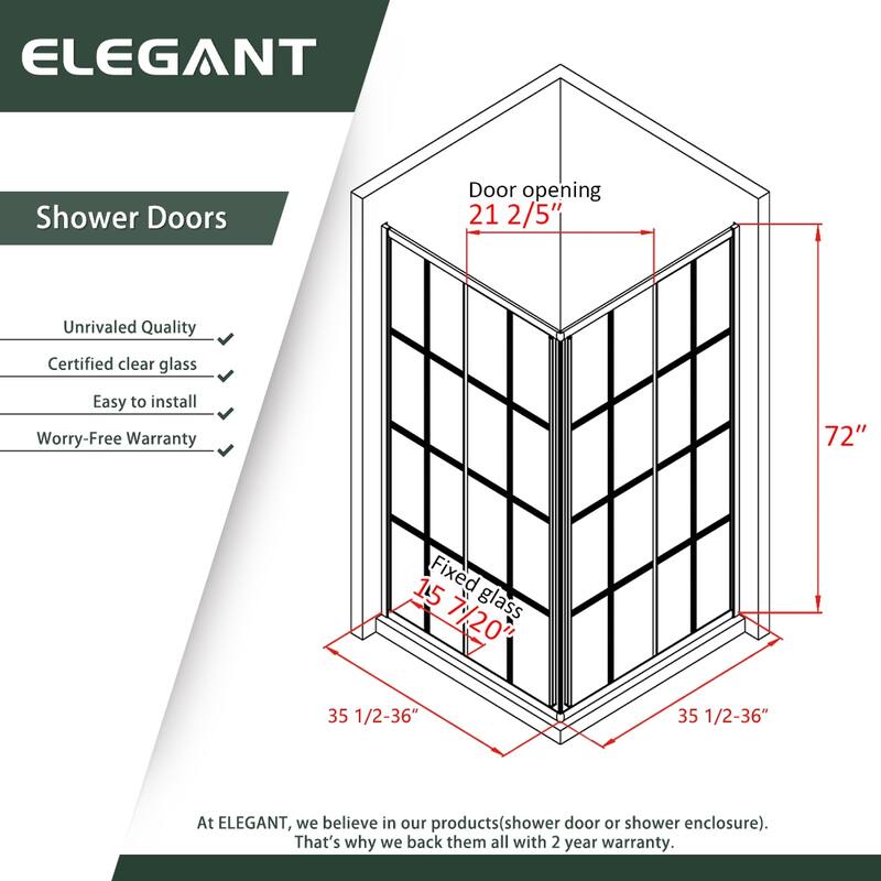 Elegant Black Check Corner Entry Enclosure with Sliding Shower Doors(Shower Base is Not Included) - 36 x 36 x 72