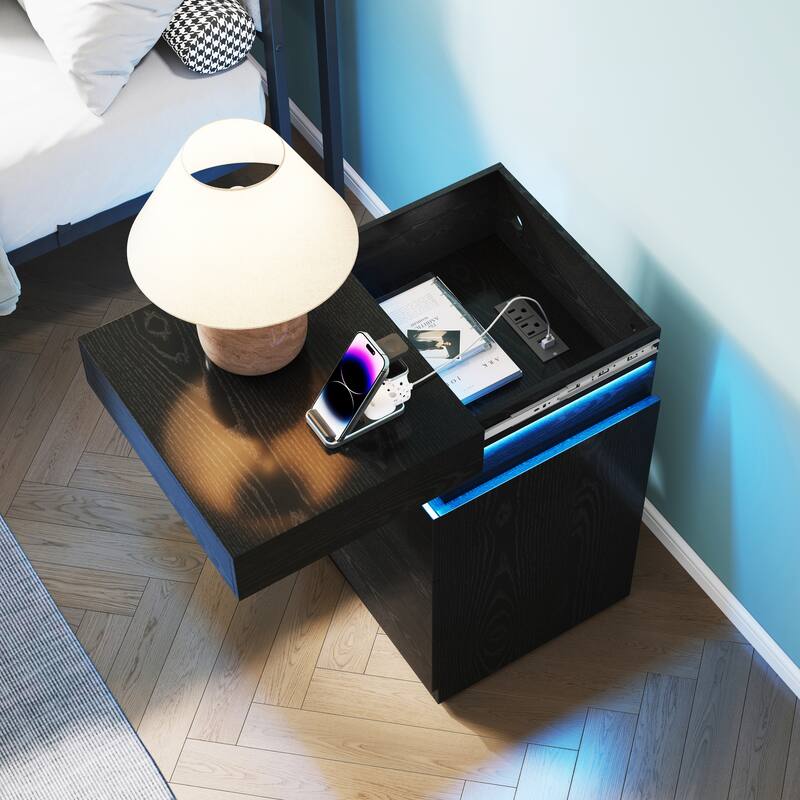 Nightstand with Built-In Charging Station and LED Lighting, 3-Drawer Sliding-Top Modern Bedside Table