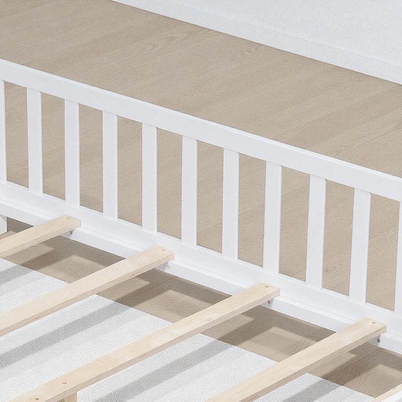 Full Size Montessori Floor Bed with Fence and Door, Solid Wood Platform Bed with Slats for Kids and Toddlers