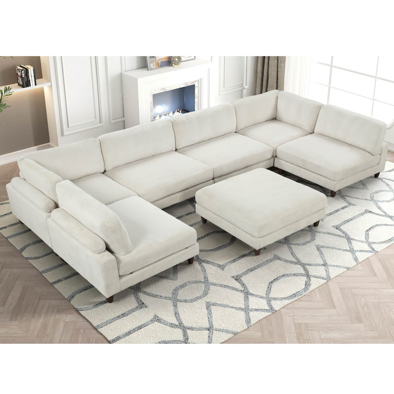 Furniture of America Sienta Modern 7-Piece Corduroy Modular Sectional Set with Ottoman - Beige