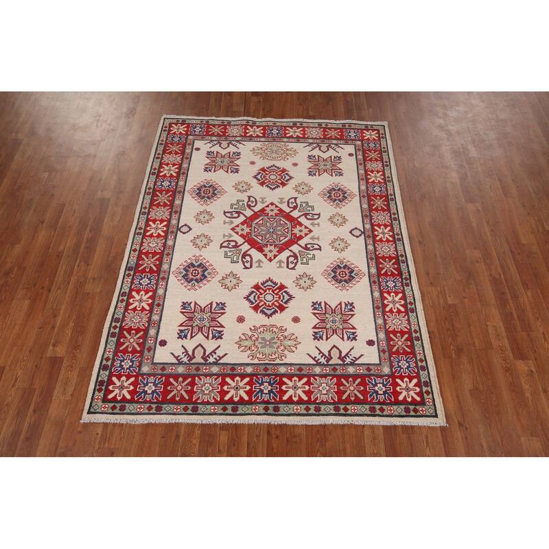 Beige / Ivory Geometric Kazak Rug Hand-Knotted Wool Carpet - 5'2" x 6'9"