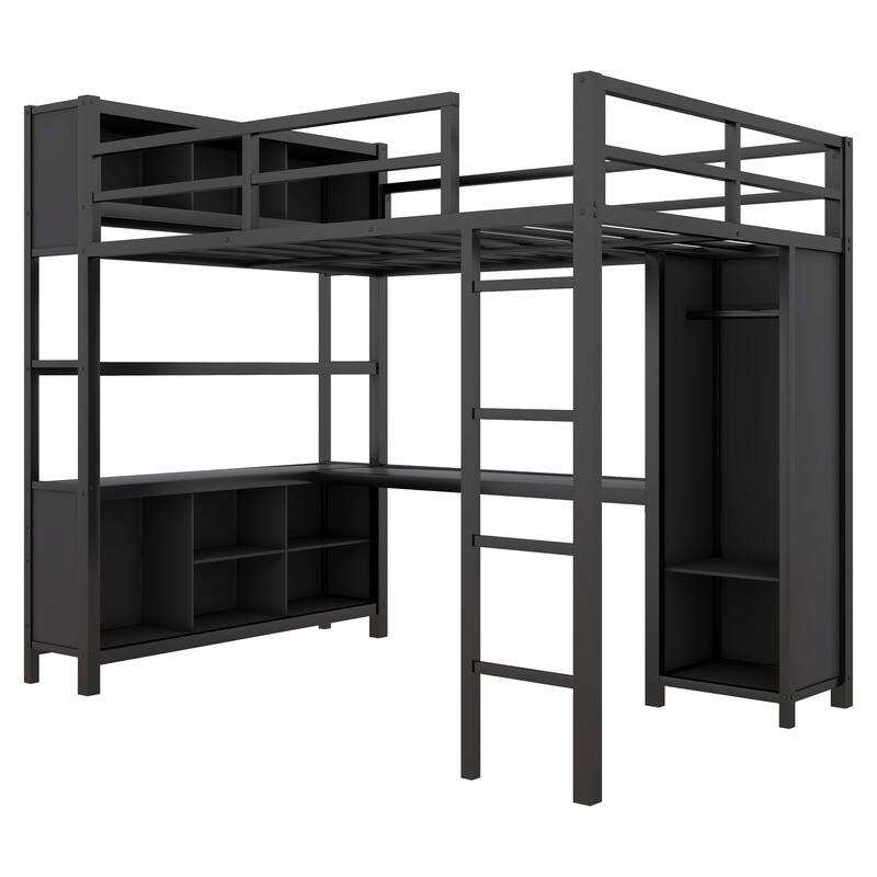 Black Full Size Metal Loft Bed with Wardrobe, L-shaped Desk, and Storage Cubes