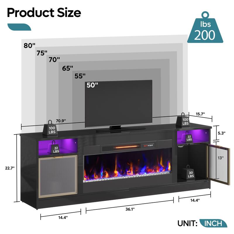 Bestier 71 in. Freestanding Fireplace TV Stand for TVs Up to 80 in. with Ample Storage in Glossy - 22.83hx71wx15.75d