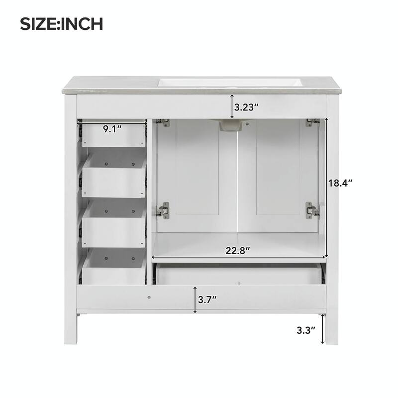 36" White Bathroom Vanity with Ceramic Sink Combo, Ample Storage Cabinet - 2 Soft-Close Doors and 5 Drawers