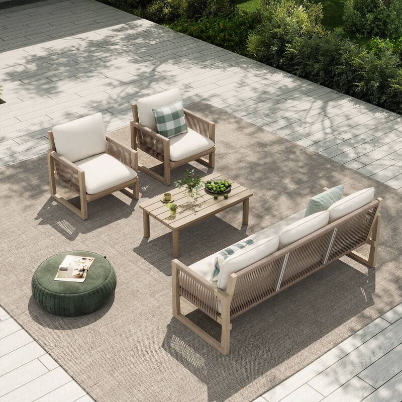 Outdoor 4-Piece Conversation Set Acacia Wood Patio 3-Seater Sofa Set Rope Weave Arm Chair with Coffee Table Weather Resistant