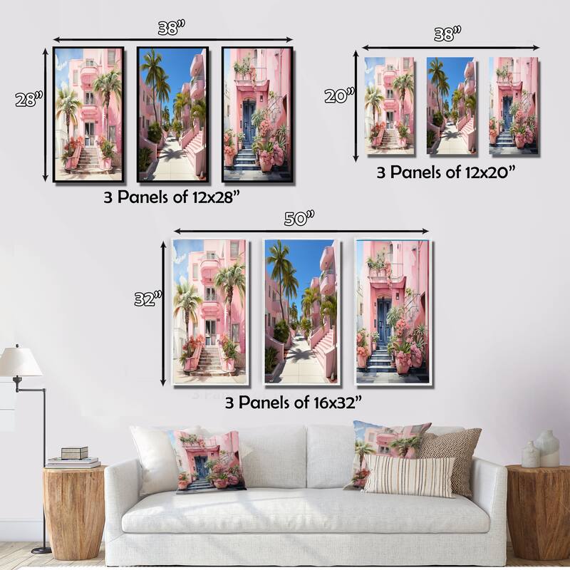 Designart "Pink Miami Artful Facades II" Floral Framed Wall Art Set Of 3 Frame Canvas Set For Living Room Decor