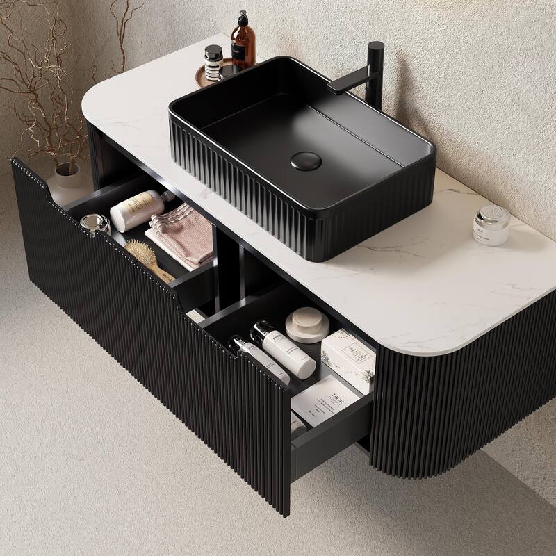 Wall Mounted Bathroom Vanity with Black Rectangular Ceramic Basin