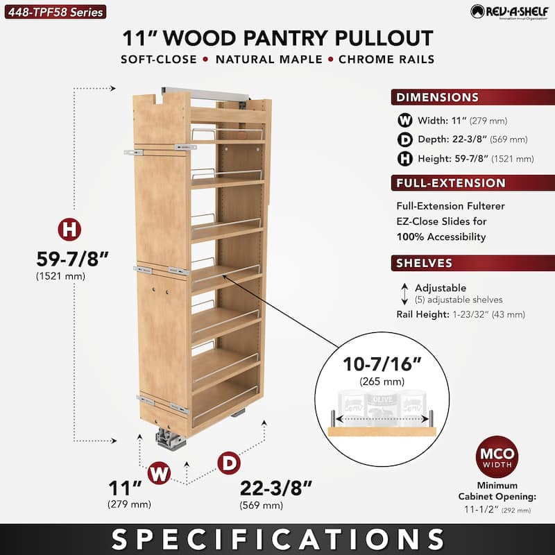 Rev-A-Shelf 448-TPF58-11-1 Wood Classics 11"W x 60"H Soft Close