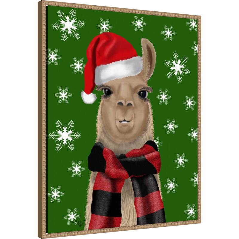 Llama Christmas Hat by Fab Funky (23 x 28 in.), Framed Canvas Wall Art Print - Sylvie Beaded Rustic Natural