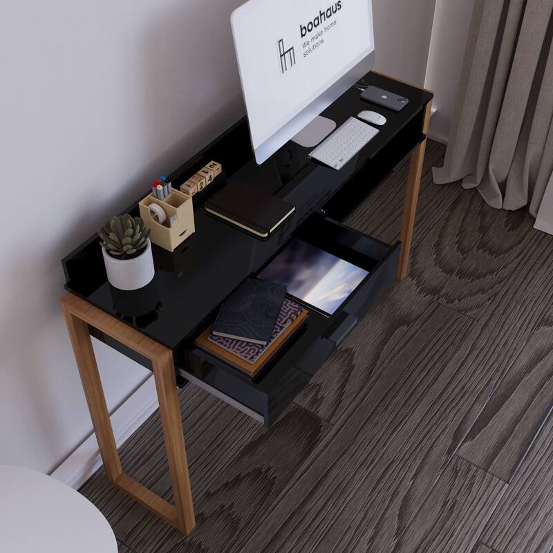 Modern Computer Desk with Drawer, Space-Saving, Shelf and Dual USB Charging Ports