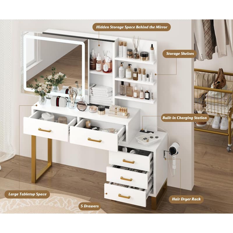 Makeup Vanity Desk with Mirror and Charging Station